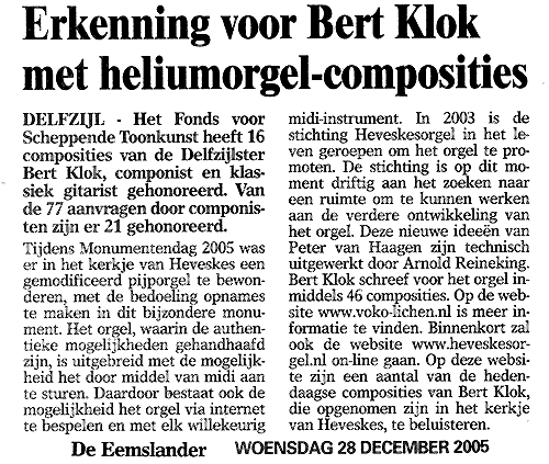 De Eemslander : Erkenning voor Bert Klok met heliumorgel-composities